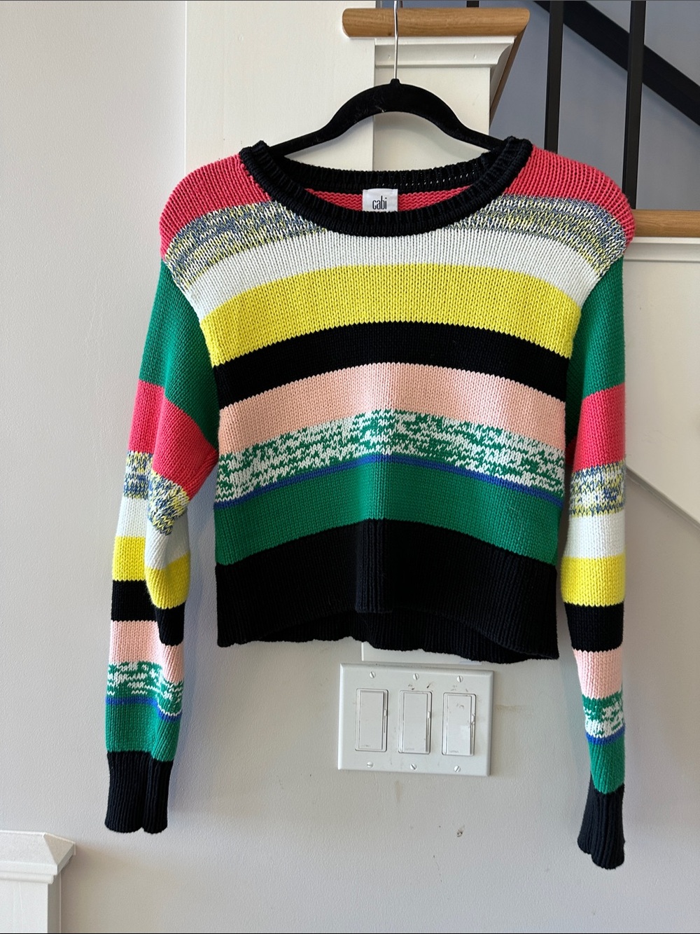 CAbi Striped Crewneck Sweater — Pink, Green, Yellow, Black, Cream